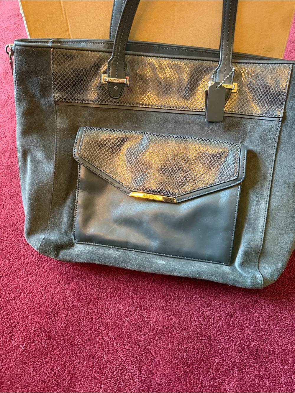 Coach Black Suede & Leather Tote with Gold Hardware